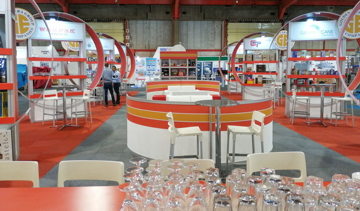 Golden Era Group of Companies: design and build 110sqm exhibition custom booth NASREC.  View from the coffee counter.